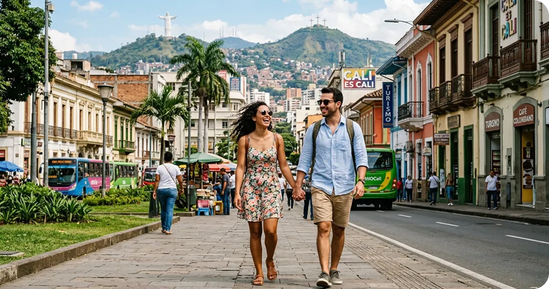 Couple walking down a Cali street lined with colorful facades
