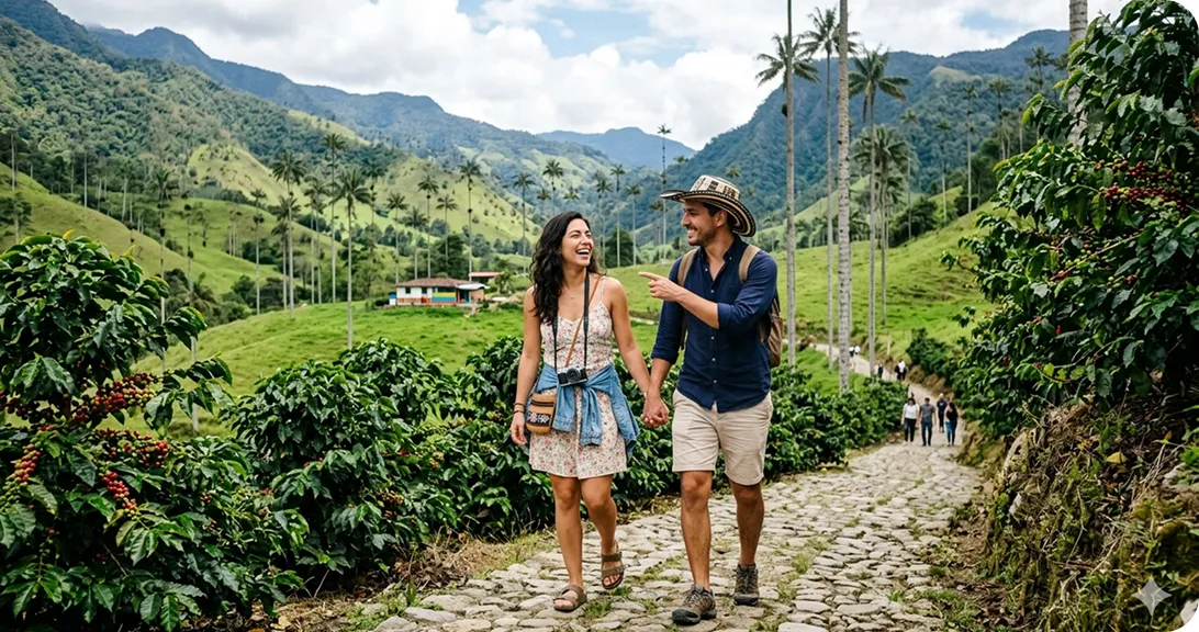 Two friends walking along a nature trail in Quindío