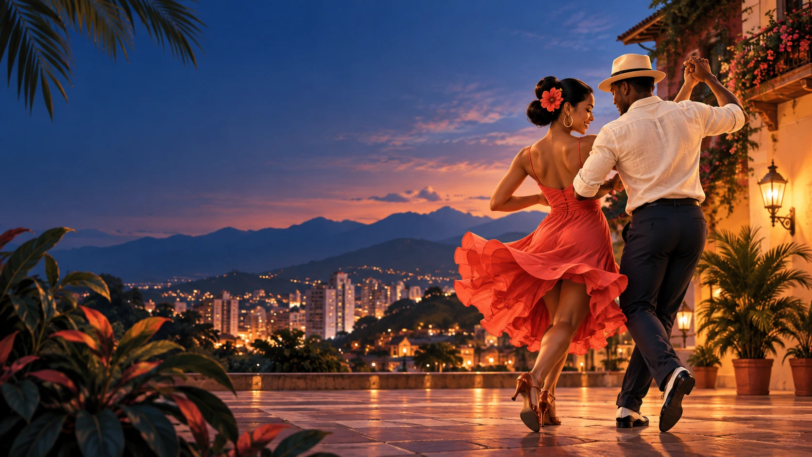 Ilustración de una pareja bailando salsa con una ciudad al atardecer de fondo